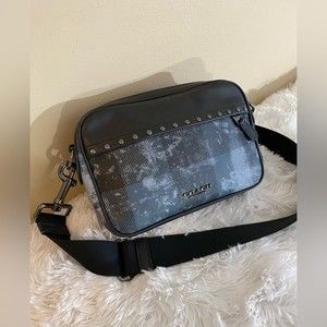 Coach Graham Blue Patchwork Grunge Plaid Leather Crossbody Bag W/ Studs EUC